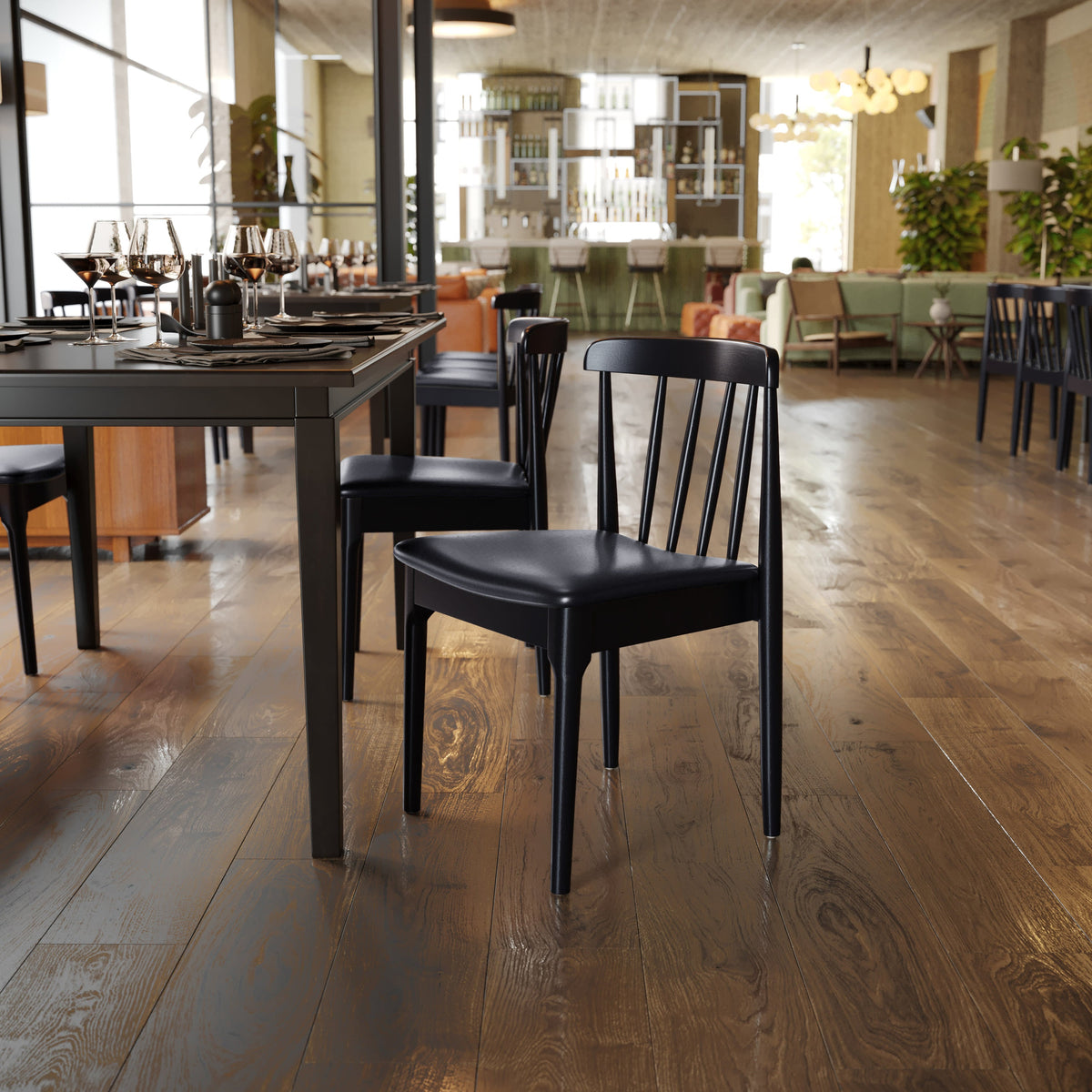 Flash Furniture XU-DG-W0359-BLK-GG Commercial Solid Wood Dining Chair with Vinyl Padded Seat - Black/Black (Black Vinyl Seat/Black Wood Frame) - View 2
