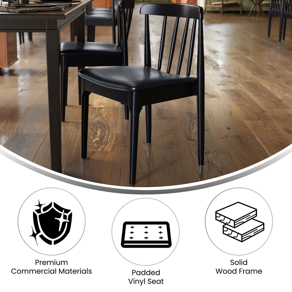Flash Furniture XU-DG-W0359-BLK-GG Commercial Solid Wood Dining Chair with Vinyl Padded Seat - Black/Black (Black Vinyl Seat/Black Wood Frame) - View 3
