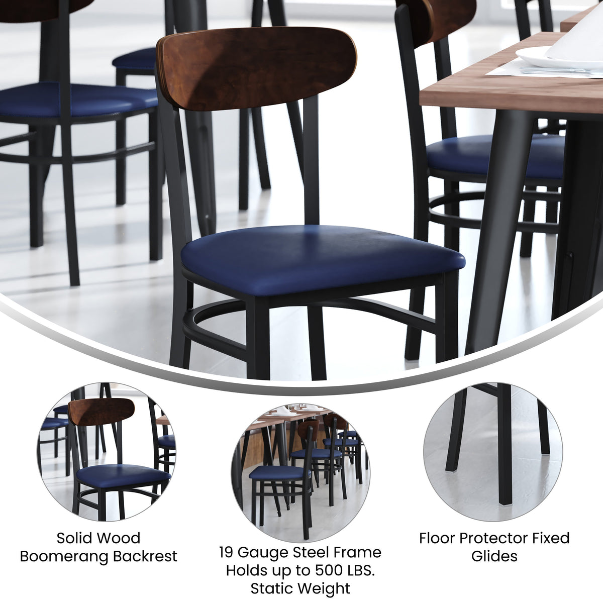Flash Furniture XU-DG6V5BLV-WAL-GG Commercial Metal Dining Chair - Vinyl Seat and Wood Boomerang Back-Blue/Walnut - View 3