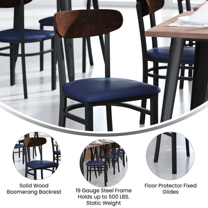 Flash Furniture XU-DG6V5BLV-WAL-GG Commercial Metal Dining Chair - Vinyl Seat and Wood Boomerang Back-Blue/Walnut - View 3