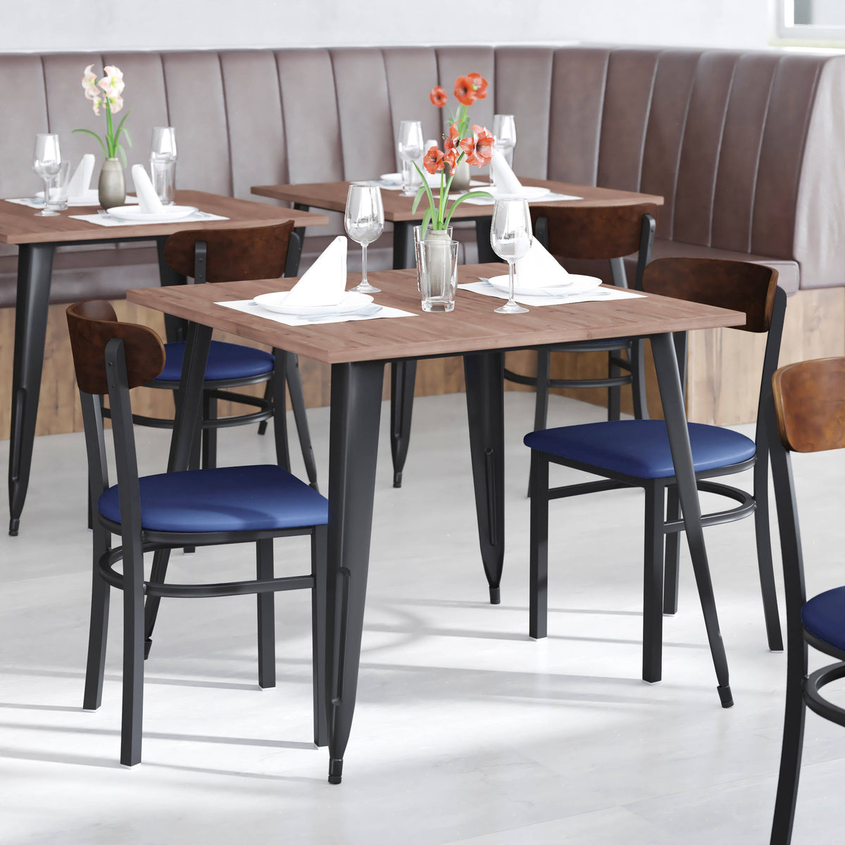 Flash Furniture XU-DG6V5BLV-WAL-GG Commercial Metal Dining Chair - Vinyl Seat and Wood Boomerang Back-Blue/Walnut - View 6