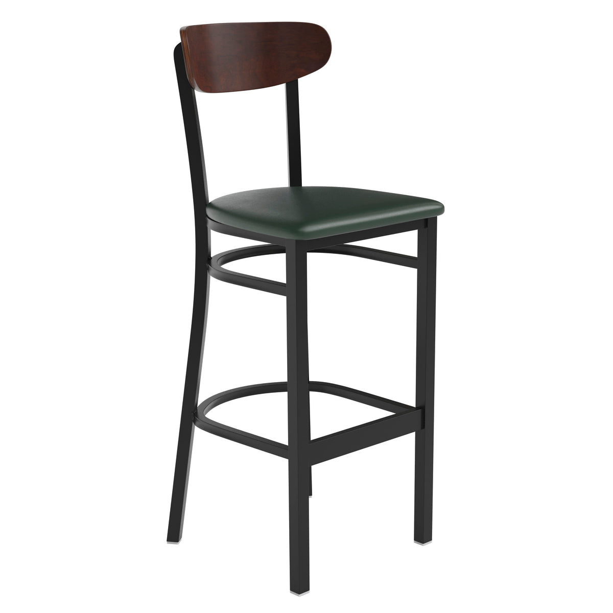 Flash Furniture XU-DG6V6GNV-WAL-GG Commercial Metal Barstool with Vinyl Seat and Wood Boomerang Back-Green/Walnut - Main view