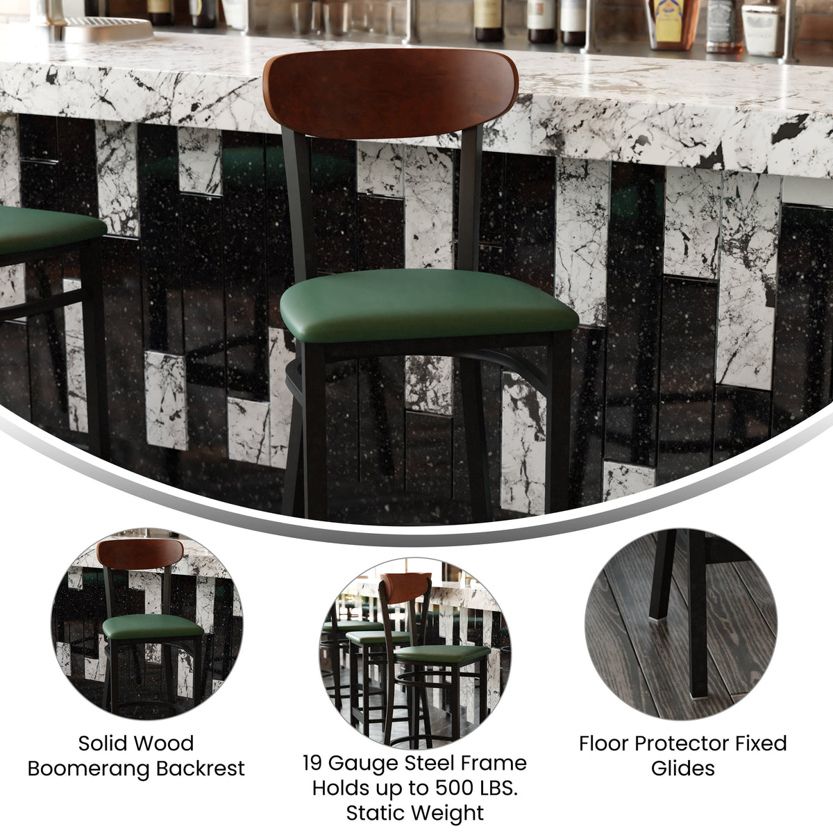 Flash Furniture XU-DG6V6GNV-WAL-GG Commercial Metal Barstool with Vinyl Seat and Wood Boomerang Back-Green/Walnut - View 3