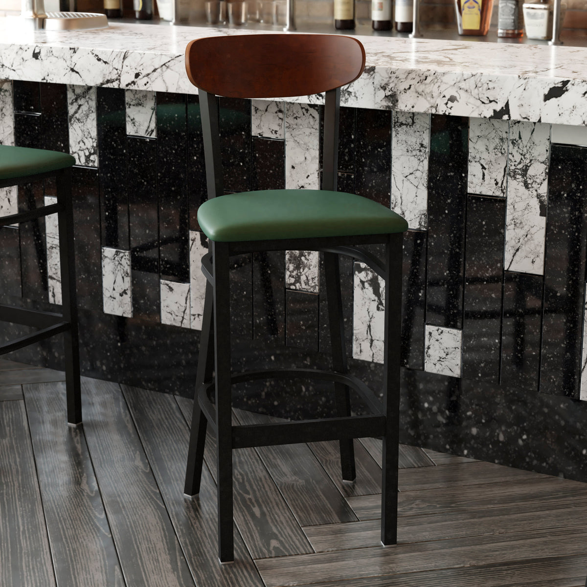 Flash Furniture XU-DG6V6GNV-WAL-GG Commercial Metal Barstool with Vinyl Seat and Wood Boomerang Back-Green/Walnut - View 6
