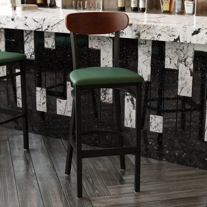 Flash Furniture XU-DG6V6GNV-WAL-GG Commercial Metal Barstool with Vinyl Seat and Wood Boomerang Back-Green/Walnut - View 6