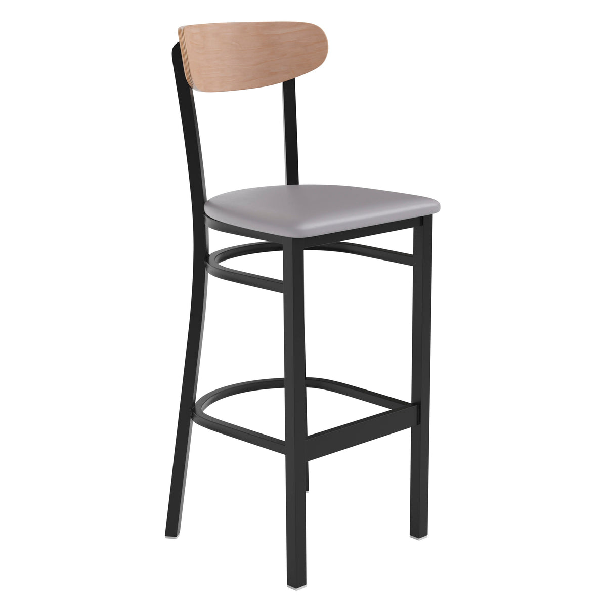 Flash Furniture XU-DG6V6GYV-NAT-GG Commercial Metal Barstool with Vinyl Seat and Wood Boomerang Back-Gray/Natural (Natural Birch Wood Back/Gray Vinyl Seat) - Main view