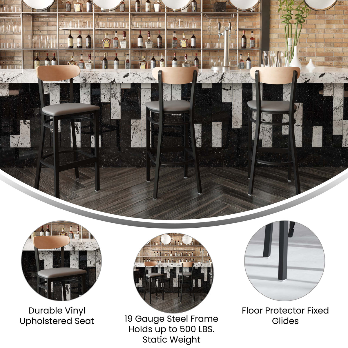 Flash Furniture XU-DG6V6GYV-NAT-GG Commercial Metal Barstool with Vinyl Seat and Wood Boomerang Back-Gray/Natural (Natural Birch Wood Back/Gray Vinyl Seat) - View 3