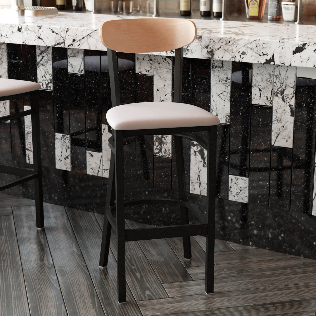 Flash Furniture XU-DG6V6GYV-NAT-GG Commercial Metal Barstool with Vinyl Seat and Wood Boomerang Back-Gray/Natural (Natural Birch Wood Back/Gray Vinyl Seat) - View 6