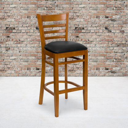 Flash Furniture XU-DGW0005BARLAD-CHY-BLKV-GG Ladder Back Cherry Wood Restaurant Barstool - Black Vinyl Seat (Black Vinyl Seat/Cherry Wood Frame) - View 2