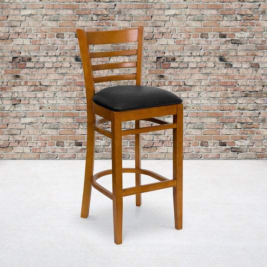 Flash Furniture XU-DGW0005BARLAD-CHY-BLKV-GG Ladder Back Cherry Wood Restaurant Barstool - Black Vinyl Seat (Black Vinyl Seat/Cherry Wood Frame) - View 2
