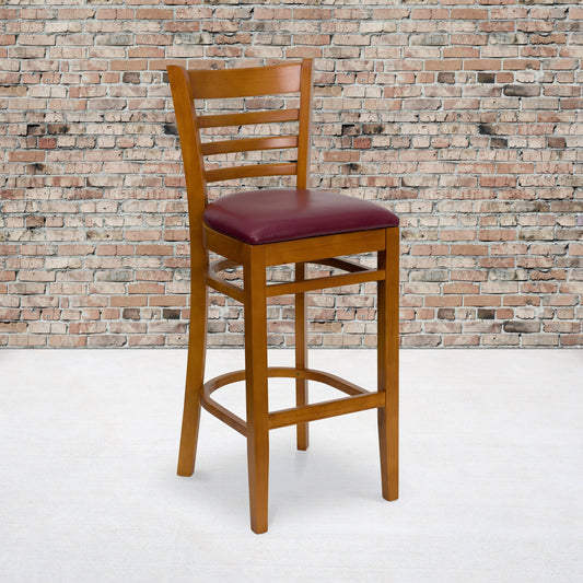 Flash Furniture XU-DGW0005BARLAD-CHY-BURV-GG Ladder Back Cherry Wood Restaurant Barstool - Burgundy Vinyl Seat (Burgundy Vinyl Seat/Cherry Wood Frame) - View 2