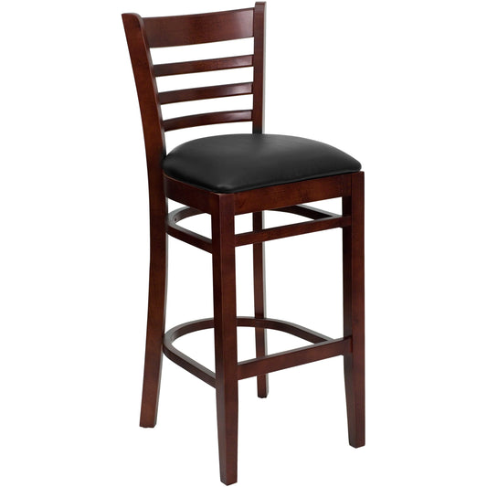 Flash Furniture XU-DGW0005BARLAD-MAH-BLKV-GG Ladder Back Mahogany Wood Restaurant Barstool - Black Vinyl Seat (Black Vinyl Seat/Mahogany Wood Frame) - Main view