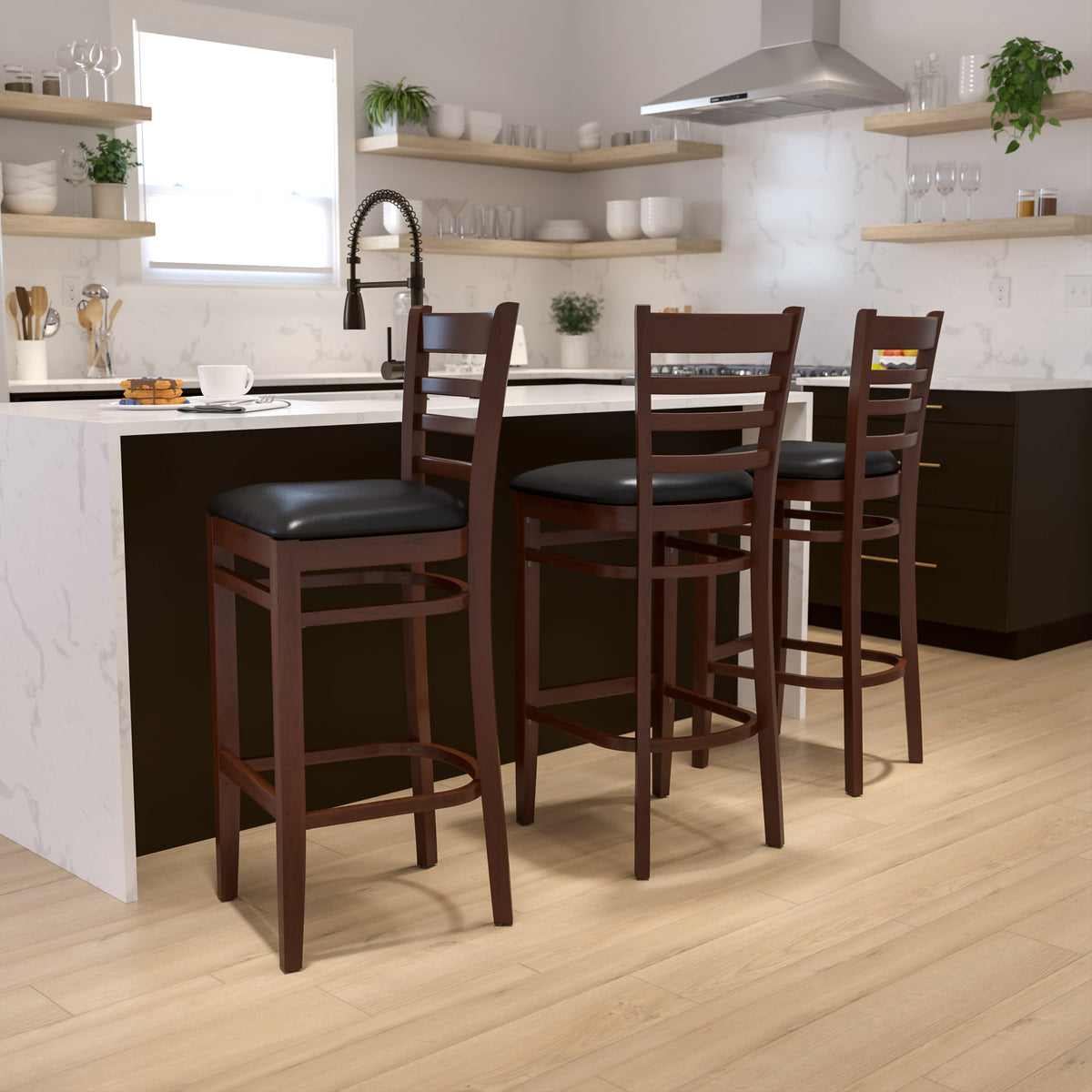 Flash Furniture XU-DGW0005BARLAD-MAH-BLKV-GG Ladder Back Mahogany Wood Restaurant Barstool - Black Vinyl Seat (Black Vinyl Seat/Mahogany Wood Frame) - View 2