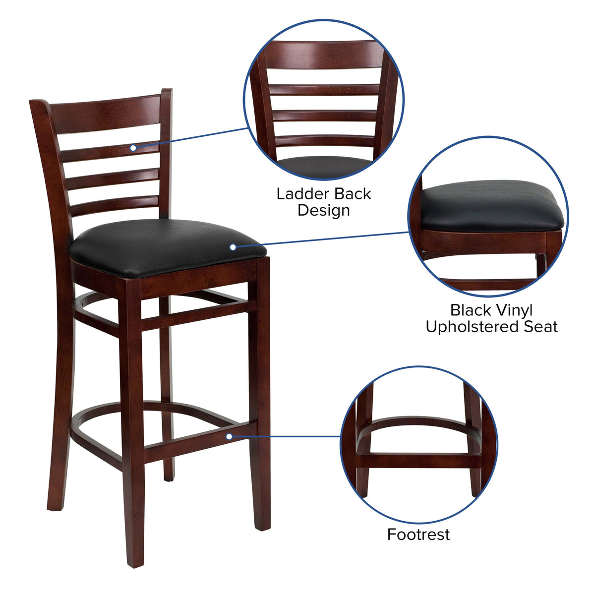 Flash Furniture XU-DGW0005BARLAD-MAH-BLKV-GG Ladder Back Mahogany Wood Restaurant Barstool - Black Vinyl Seat (Black Vinyl Seat/Mahogany Wood Frame) - View 3