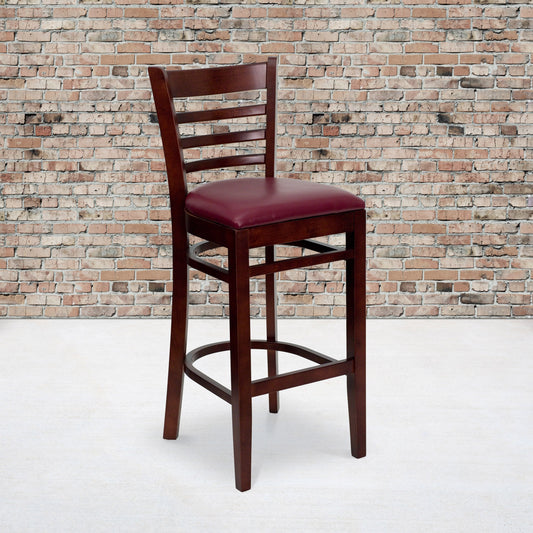 Flash Furniture XU-DGW0005BARLAD-MAH-BURV-GG Ladder Back Mahogany Wood Restaurant Barstool - Burgundy Vinyl Seat (Burgundy Vinyl Seat/Mahogany Wood Frame) - View 2