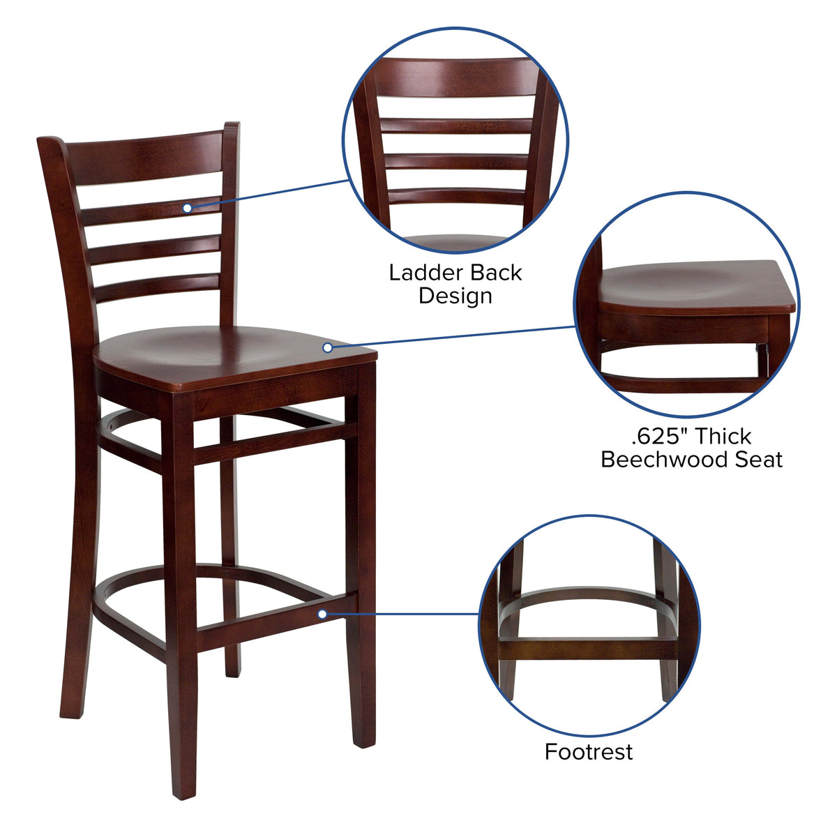 Flash Furniture XU-DGW0005BARLAD-MAH-GG Ladder Back Mahogany Wood Restaurant Barstool (Mahogany Wood Seat/Mahogany Wood Frame) - View 3