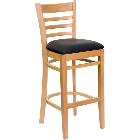 Flash Furniture XU-DGW0005BARLAD-NAT-BLKV-GG Ladder Back Natural Wood Restaurant Barstool - Black Vinyl Seat (Black Vinyl Seat/Natural Wood Frame) - Main view
