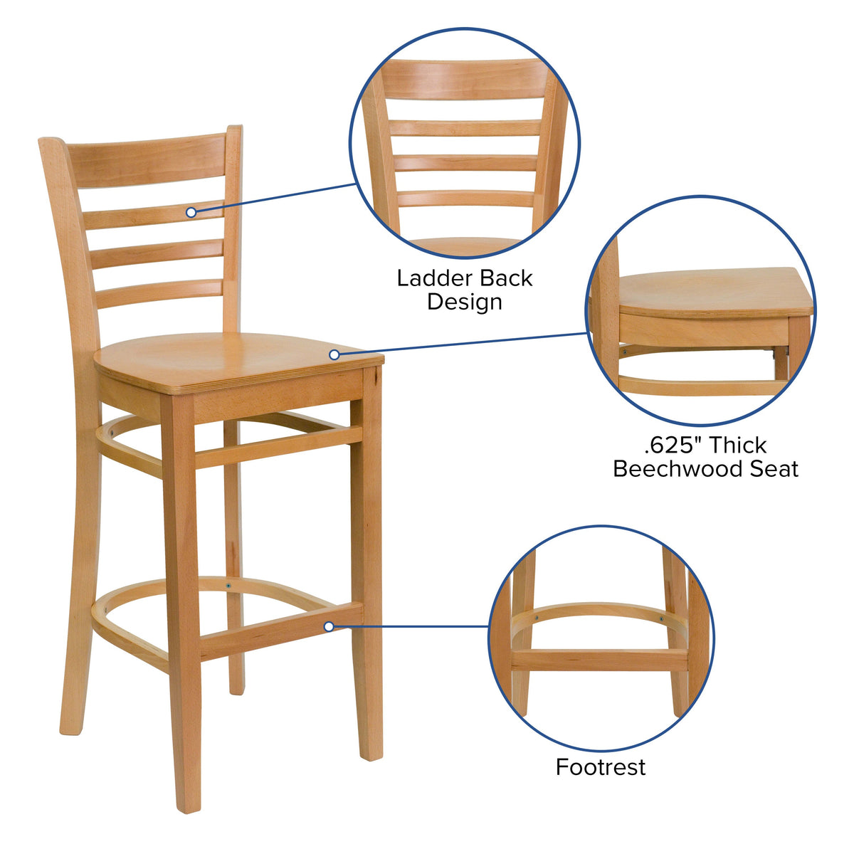 Flash Furniture XU-DGW0005BARLAD-NAT-GG Ladder Back Natural Wood Restaurant Barstool (Natural Wood Seat/Natural Wood Frame) - View 3