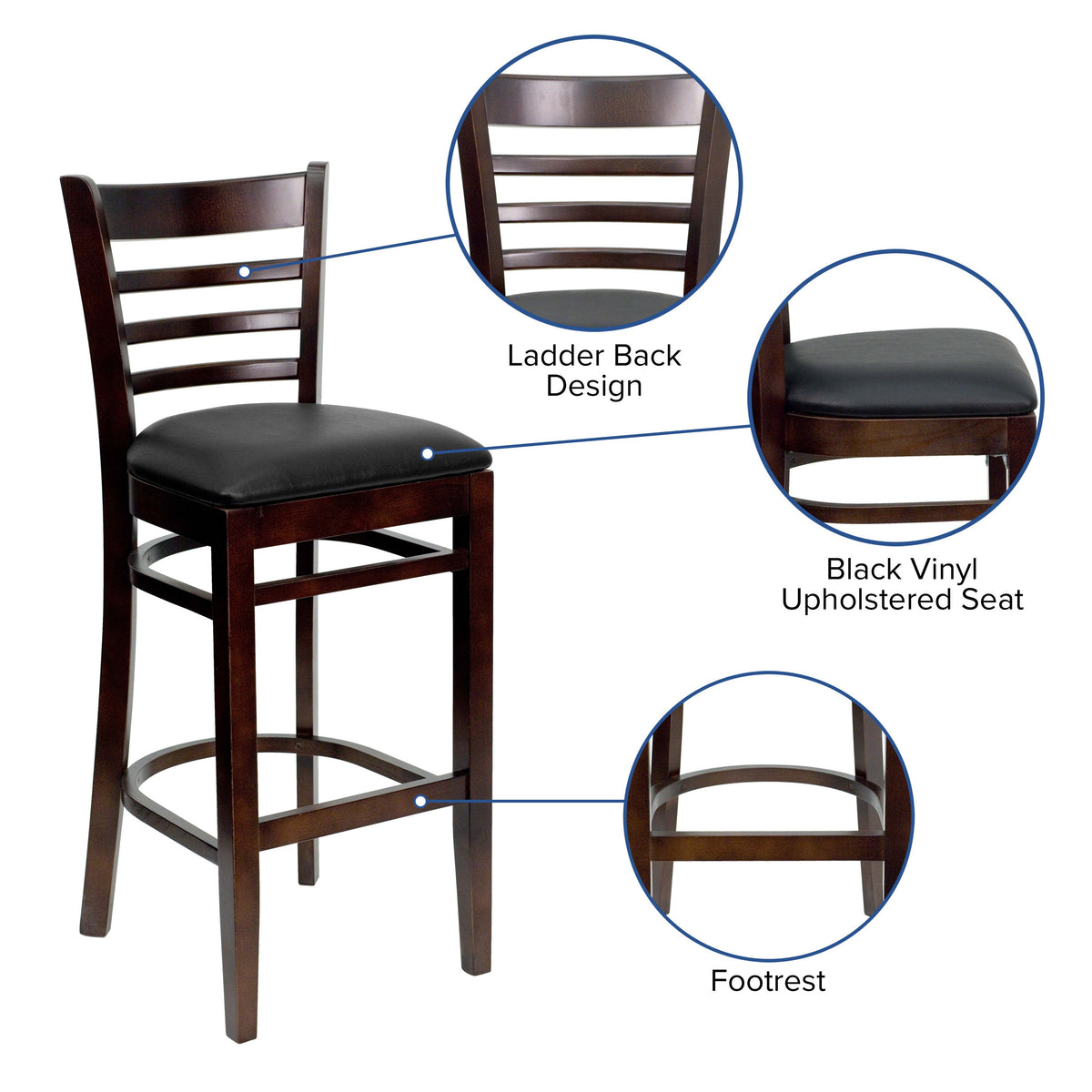 Flash Furniture XU-DGW0005BARLAD-WAL-BLKV-GG Ladder Back Walnut Wood Restaurant Barstool - Black Vinyl Seat (Black Vinyl Seat/Walnut Wood Frame) - View 3