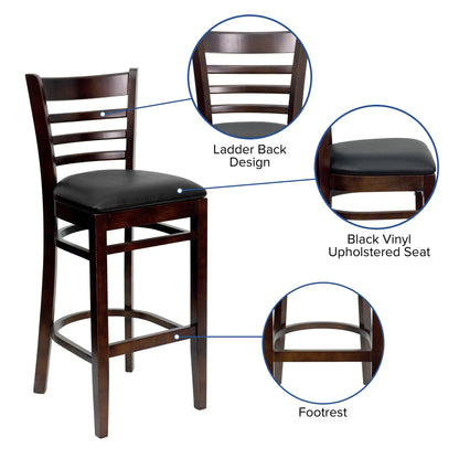 Flash Furniture XU-DGW0005BARLAD-WAL-BLKV-GG Ladder Back Walnut Wood Restaurant Barstool - Black Vinyl Seat (Black Vinyl Seat/Walnut Wood Frame) - View 3