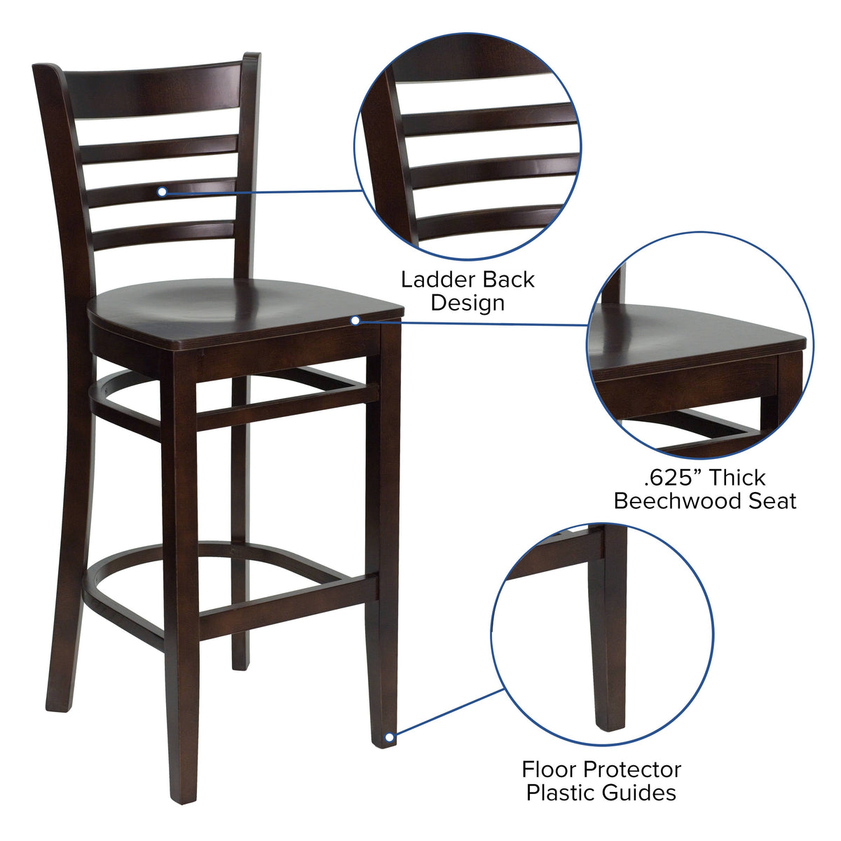 Flash Furniture XU-DGW0005BARLAD-WAL-GG Ladder Back Walnut Wood Restaurant Barstool (Walnut Wood Seat/Walnut Wood Frame) - View 3