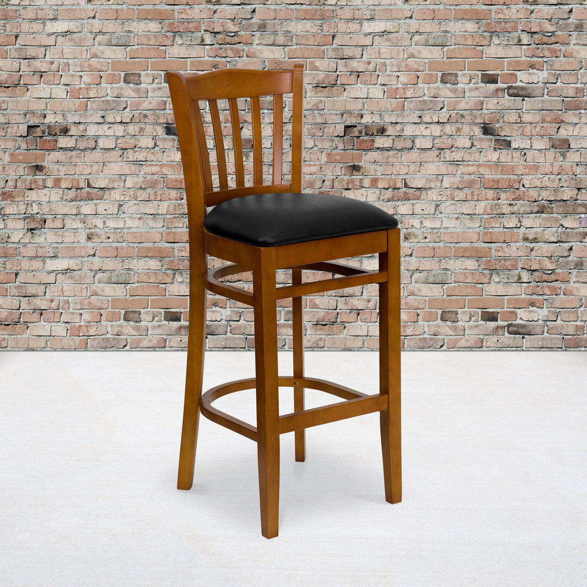 Flash Furniture XU-DGW0008BARVRT-CHY-BLKV-GG Vertical Slat Back Cherry Wood Restaurant Barstool - Black Vinyl Seat (Black Vinyl Seat/Cherry Wood Frame) - View 2