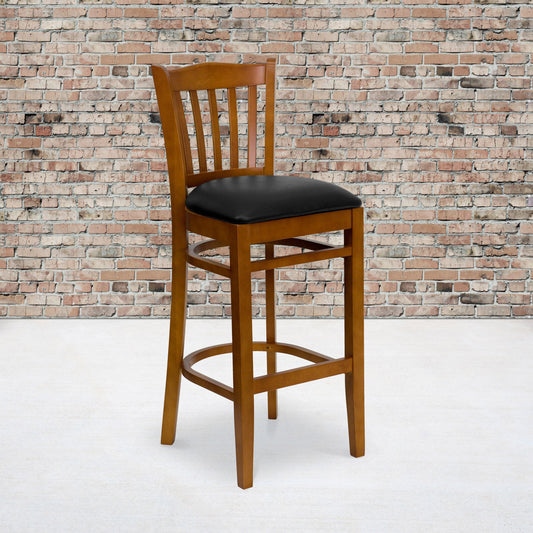 Flash Furniture XU-DGW0008BARVRT-CHY-BLKV-GG Vertical Slat Back Cherry Wood Restaurant Barstool - Black Vinyl Seat (Black Vinyl Seat/Cherry Wood Frame) - View 2