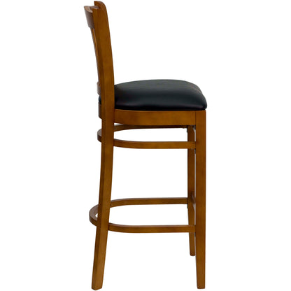 Flash Furniture XU-DGW0008BARVRT-CHY-BLKV-GG Vertical Slat Back Cherry Wood Restaurant Barstool - Black Vinyl Seat (Black Vinyl Seat/Cherry Wood Frame) - View 4