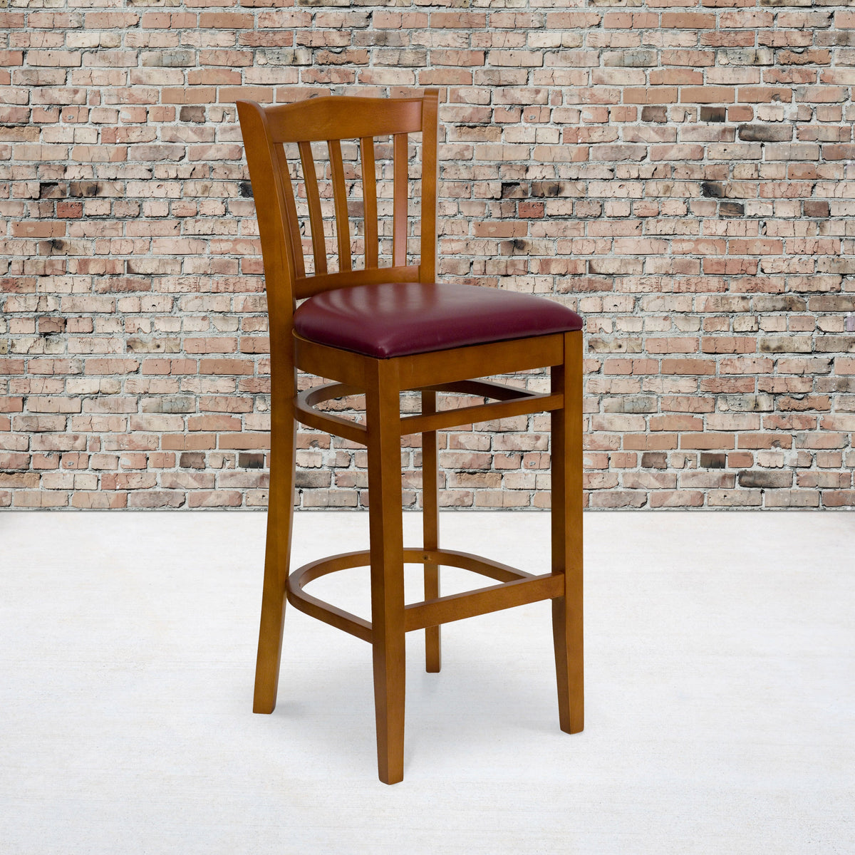 Flash Furniture XU-DGW0008BARVRT-CHY-BURV-GG Vertical Slat Back Cherry Wood Restaurant Barstool - Burgundy Vinyl Seat (Burgundy Vinyl Seat/Cherry Wood Frame) - View 2