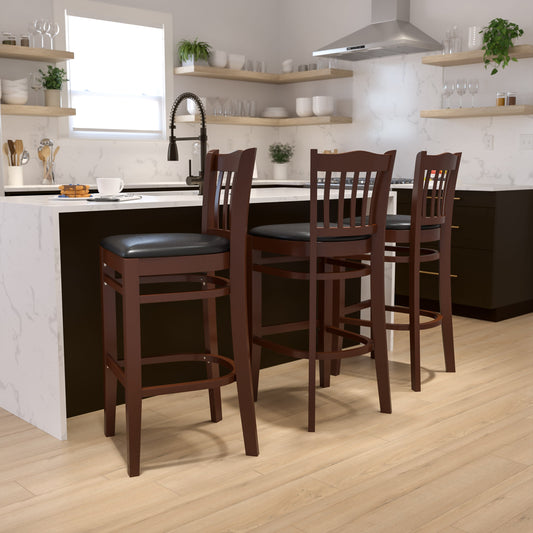 Flash Furniture XU-DGW0008BARVRT-MAH-BLKV-GG Vertical Slat Back Mahogany Wood Restaurant Barstool - Black Vinyl Seat (Black Vinyl Seat/Mahogany Wood Frame) - View 2