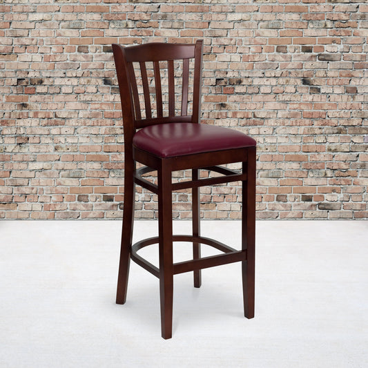 Flash Furniture XU-DGW0008BARVRT-MAH-BURV-GG Vertical Slat Back Mahogany Wood Restaurant Barstool - Burgundy Vinyl Seat (Burgundy Vinyl Seat/Mahogany Wood Frame) - View 2