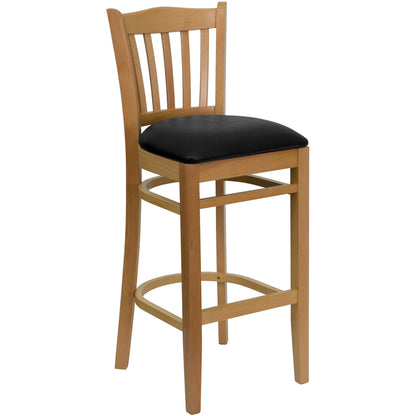 Flash Furniture XU-DGW0008BARVRT-NAT-BLKV-GG Vertical Slat Back Natural Wood Restaurant Barstool - Black Vinyl Seat (Black Vinyl Seat/Natural Wood Frame) - Main view