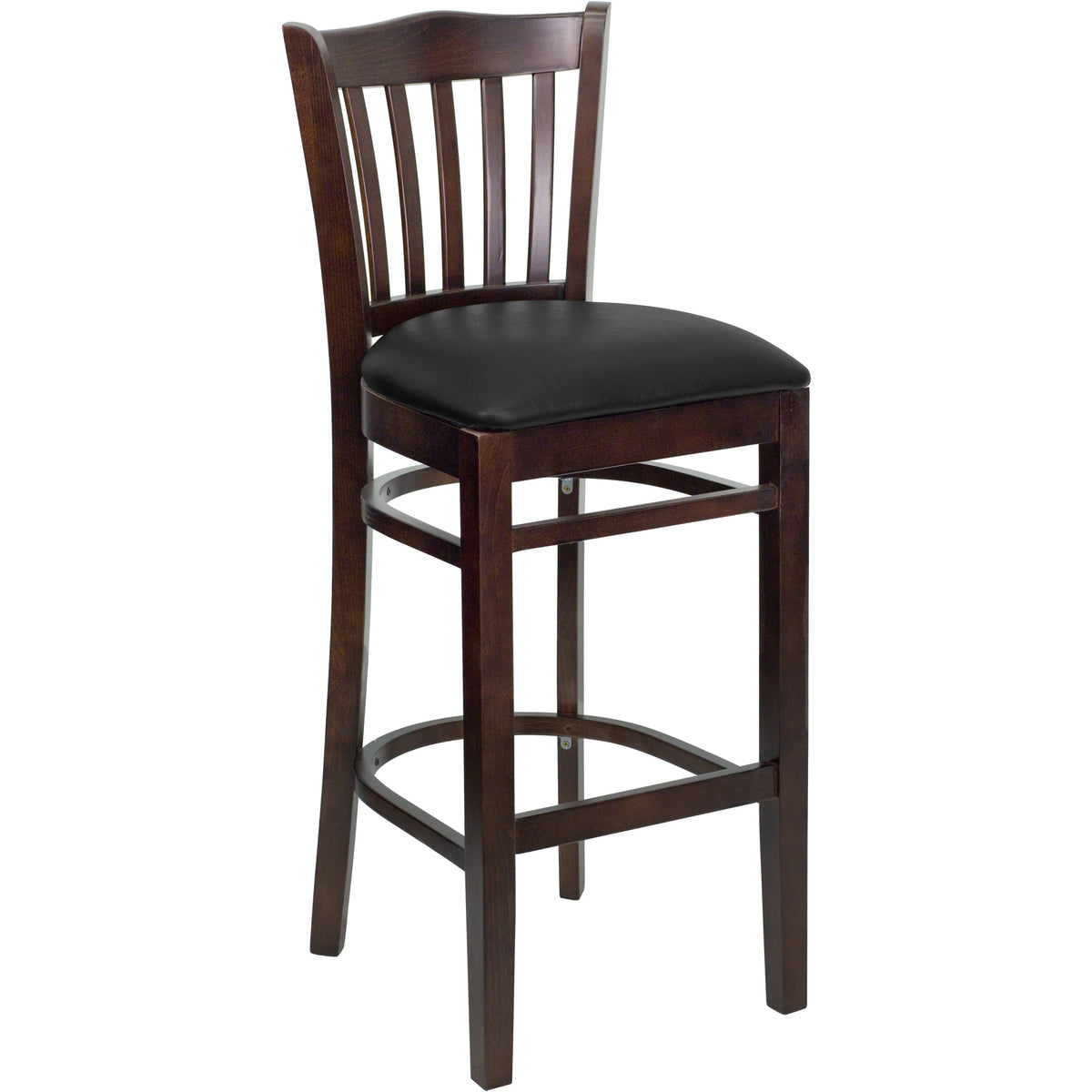 Flash Furniture XU-DGW0008BARVRT-WAL-BLKV-GG Vertical Slat Back Walnut Wood Restaurant Barstool - Black Vinyl Seat (Black Vinyl Seat/Walnut Wood Frame) - Main view