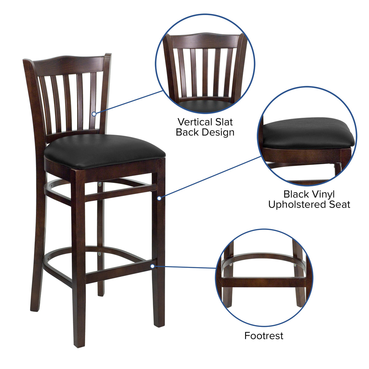 Flash Furniture XU-DGW0008BARVRT-WAL-BLKV-GG Vertical Slat Back Walnut Wood Restaurant Barstool - Black Vinyl Seat (Black Vinyl Seat/Walnut Wood Frame) - View 3