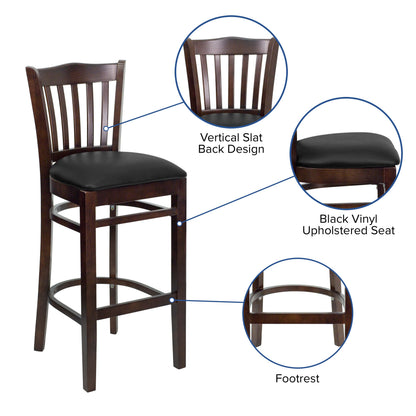 Flash Furniture XU-DGW0008BARVRT-WAL-BLKV-GG Vertical Slat Back Walnut Wood Restaurant Barstool - Black Vinyl Seat (Black Vinyl Seat/Walnut Wood Frame) - View 3