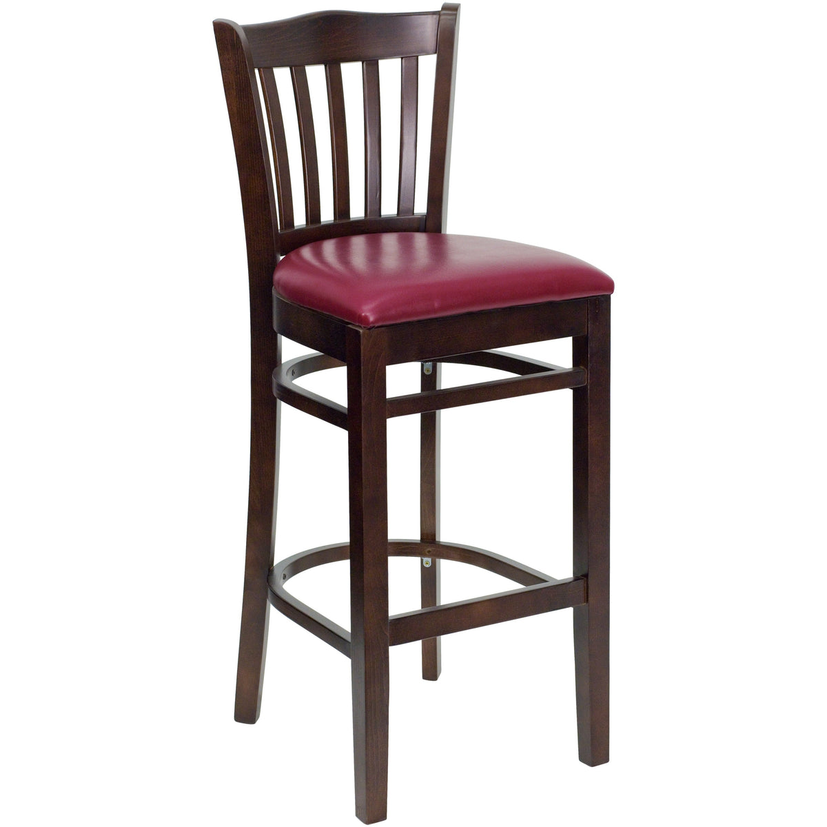 Flash Furniture XU-DGW0008BARVRT-WAL-BURV-GG Vertical Slat Back Walnut Wood Restaurant Barstool - Burgundy Vinyl Seat (Burgundy Vinyl Seat/Walnut Wood Frame) - Main view