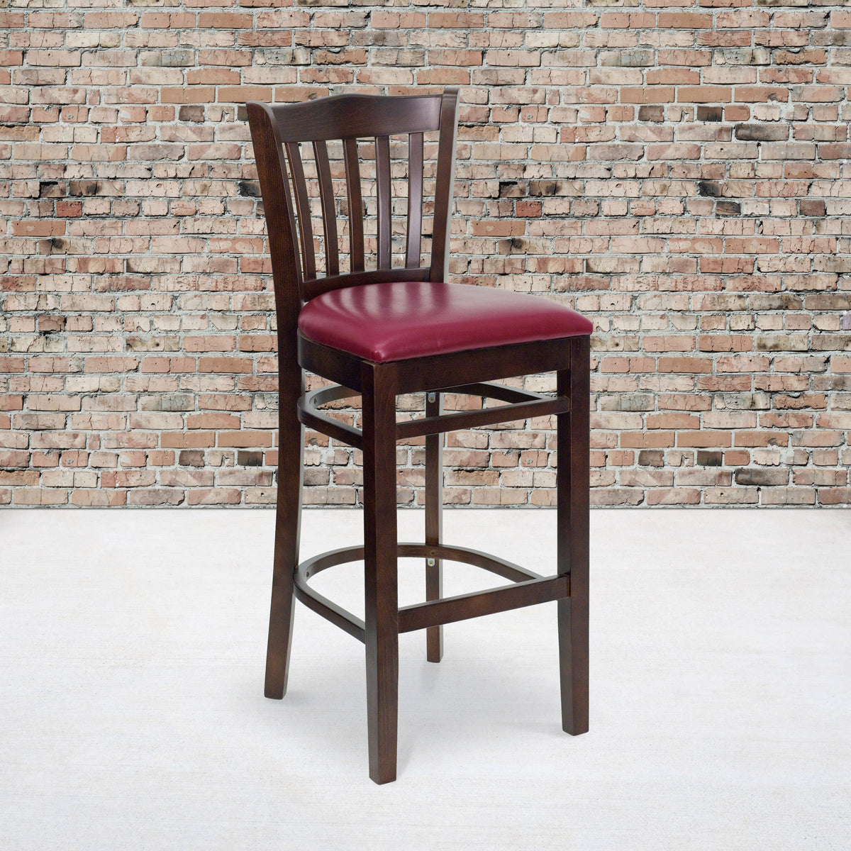 Flash Furniture XU-DGW0008BARVRT-WAL-BURV-GG Vertical Slat Back Walnut Wood Restaurant Barstool - Burgundy Vinyl Seat (Burgundy Vinyl Seat/Walnut Wood Frame) - View 2