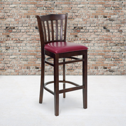 Flash Furniture XU-DGW0008BARVRT-WAL-BURV-GG Vertical Slat Back Walnut Wood Restaurant Barstool - Burgundy Vinyl Seat (Burgundy Vinyl Seat/Walnut Wood Frame) - View 2