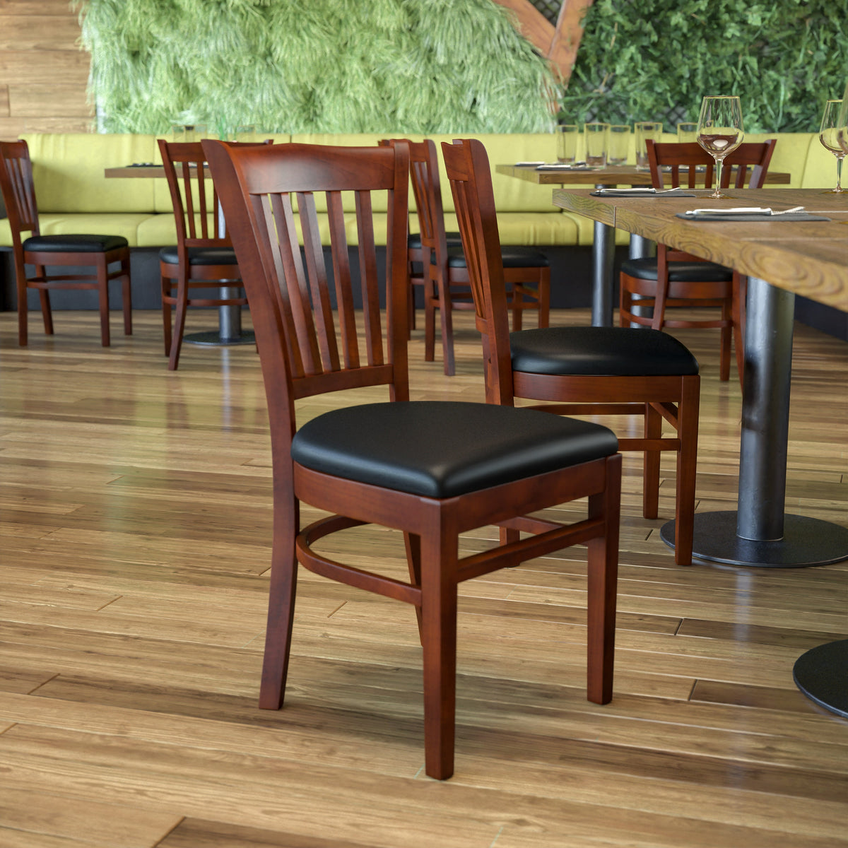 Flash Furniture XU-DGW0008VRT-MAH-BLKV-GG Vertical Slat Back Mahogany Wood Restaurant Chair - Black Vinyl Seat (Black Vinyl Seat/Mahogany Wood Frame) - View 2