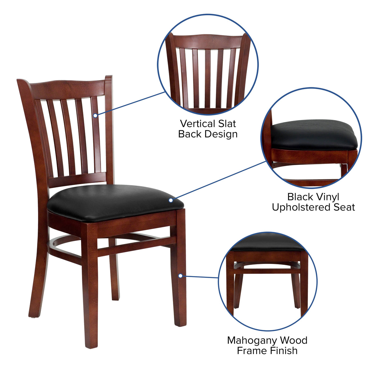 Flash Furniture XU-DGW0008VRT-MAH-BLKV-GG Vertical Slat Back Mahogany Wood Restaurant Chair - Black Vinyl Seat (Black Vinyl Seat/Mahogany Wood Frame) - View 3