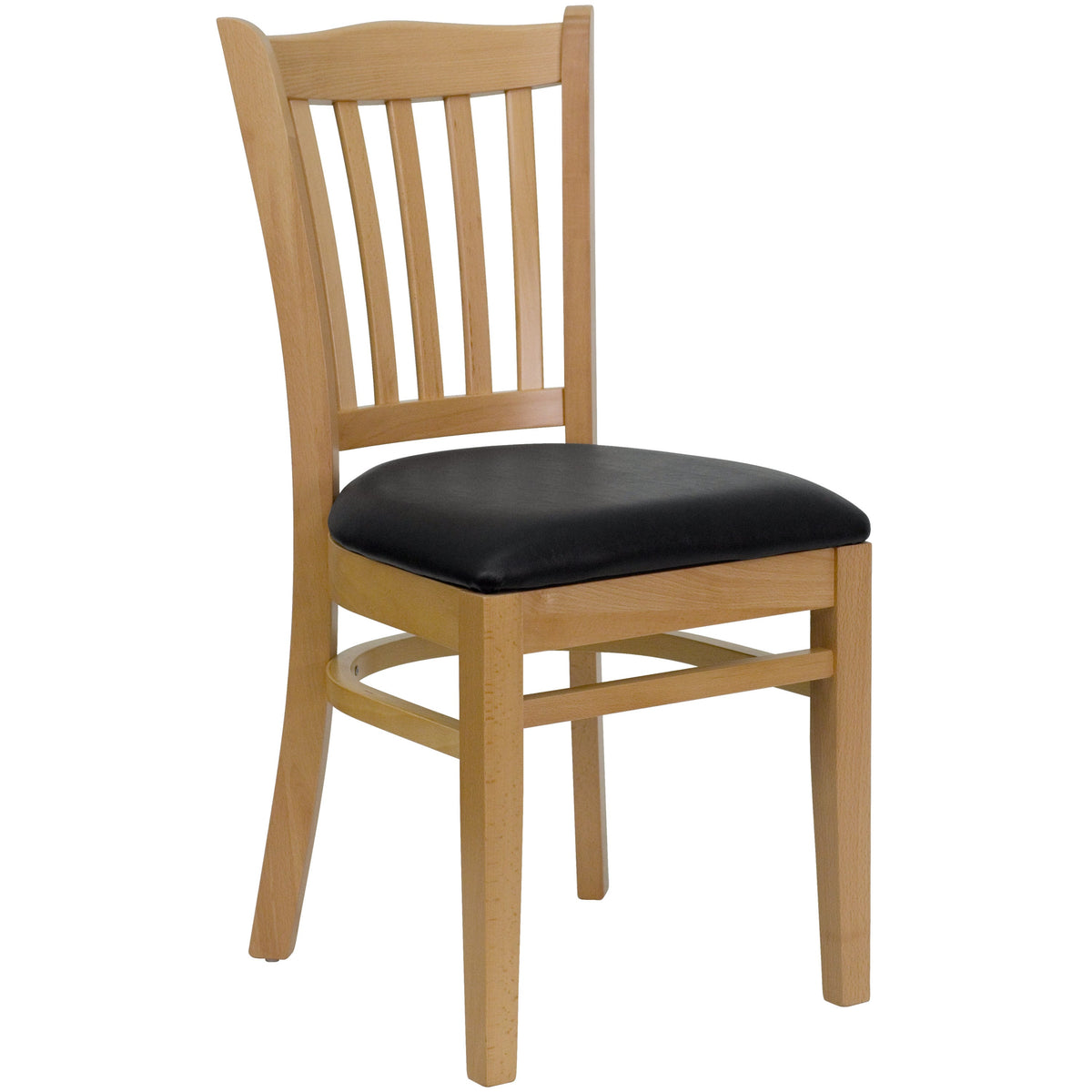 Flash Furniture XU-DGW0008VRT-NAT-BLKV-GG Vertical Slat Back Natural Wood Restaurant Chair - Black Vinyl Seat (Black Vinyl Seat/Natural Wood Frame) - Main view