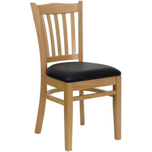Flash Furniture XU-DGW0008VRT-NAT-BLKV-GG Vertical Slat Back Natural Wood Restaurant Chair - Black Vinyl Seat (Black Vinyl Seat/Natural Wood Frame) - Main view