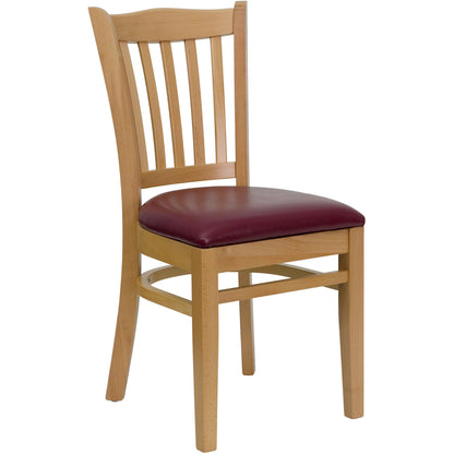 Flash Furniture XU-DGW0008VRT-NAT-BURV-GG Vertical Slat Back Natural Wood Restaurant Chair - Burgundy Vinyl Seat (Burgundy Vinyl Seat/Natural Wood Frame) - Main view