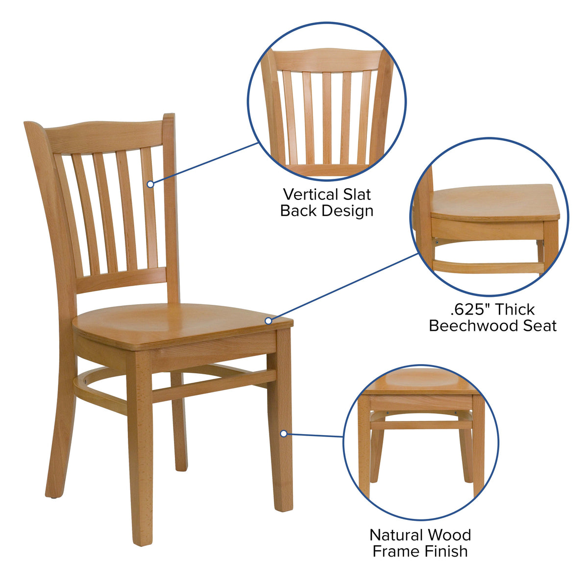 Flash Furniture XU-DGW0008VRT-NAT-GG Vertical Slat Back Natural Wood Restaurant Chair - Hospitality Seating (Natural Wood Seat/Natural Wood Frame) - View 3