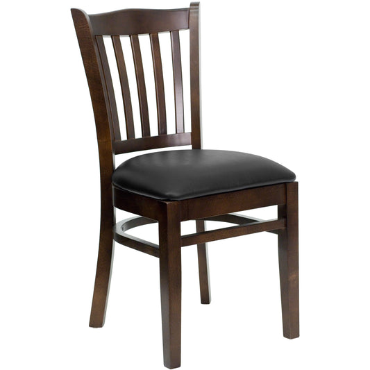 Flash Furniture XU-DGW0008VRT-WAL-BLKV-GG Vertical Slat Back Walnut Wood Restaurant Chair - Black Vinyl Seat (Black Vinyl Seat/Walnut Wood Frame) - Main view