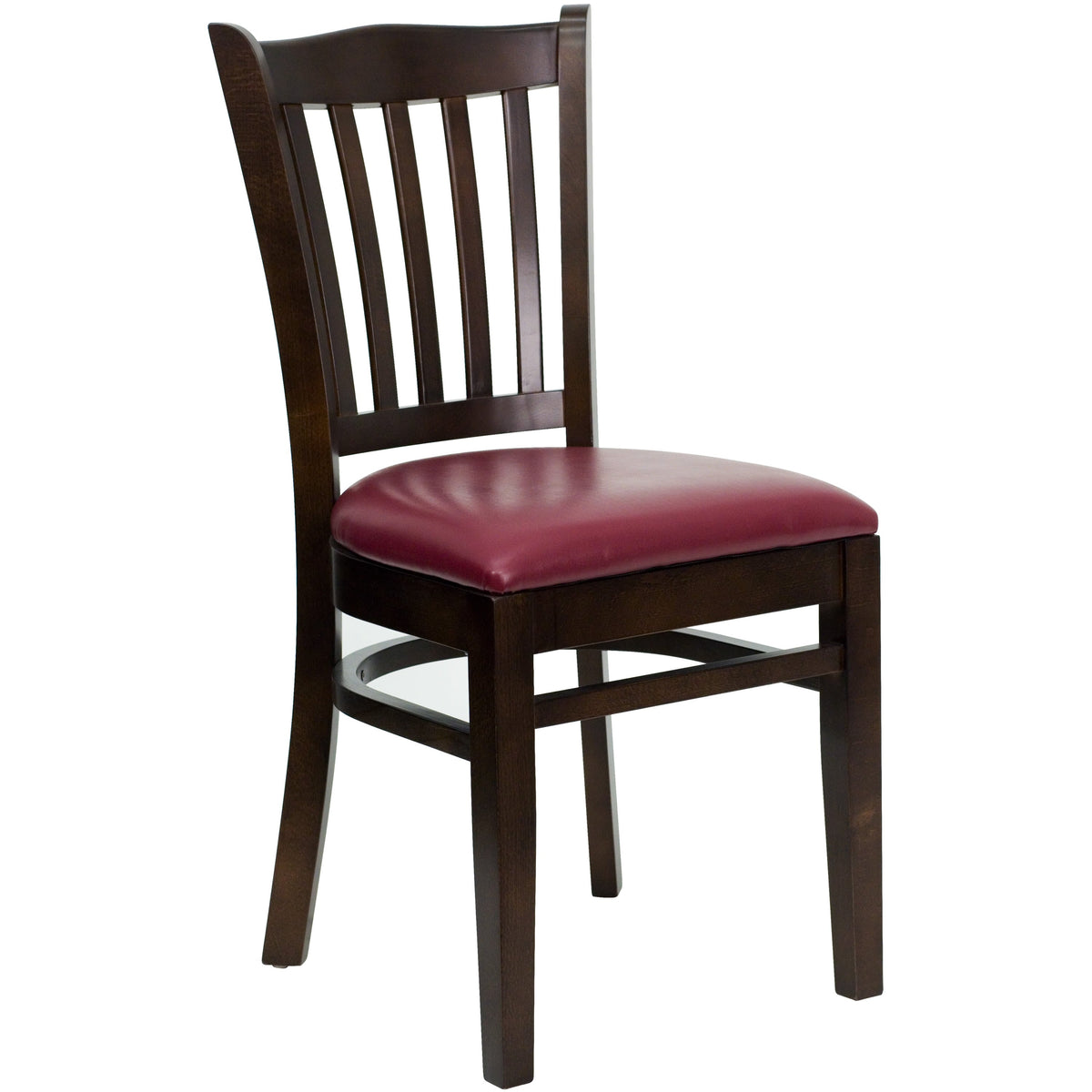 Flash Furniture XU-DGW0008VRT-WAL-BURV-GG Vertical Slat Back Walnut Wood Restaurant Chair - Burgundy Vinyl Seat (Burgundy Vinyl Seat/Walnut Wood Frame) - Main view