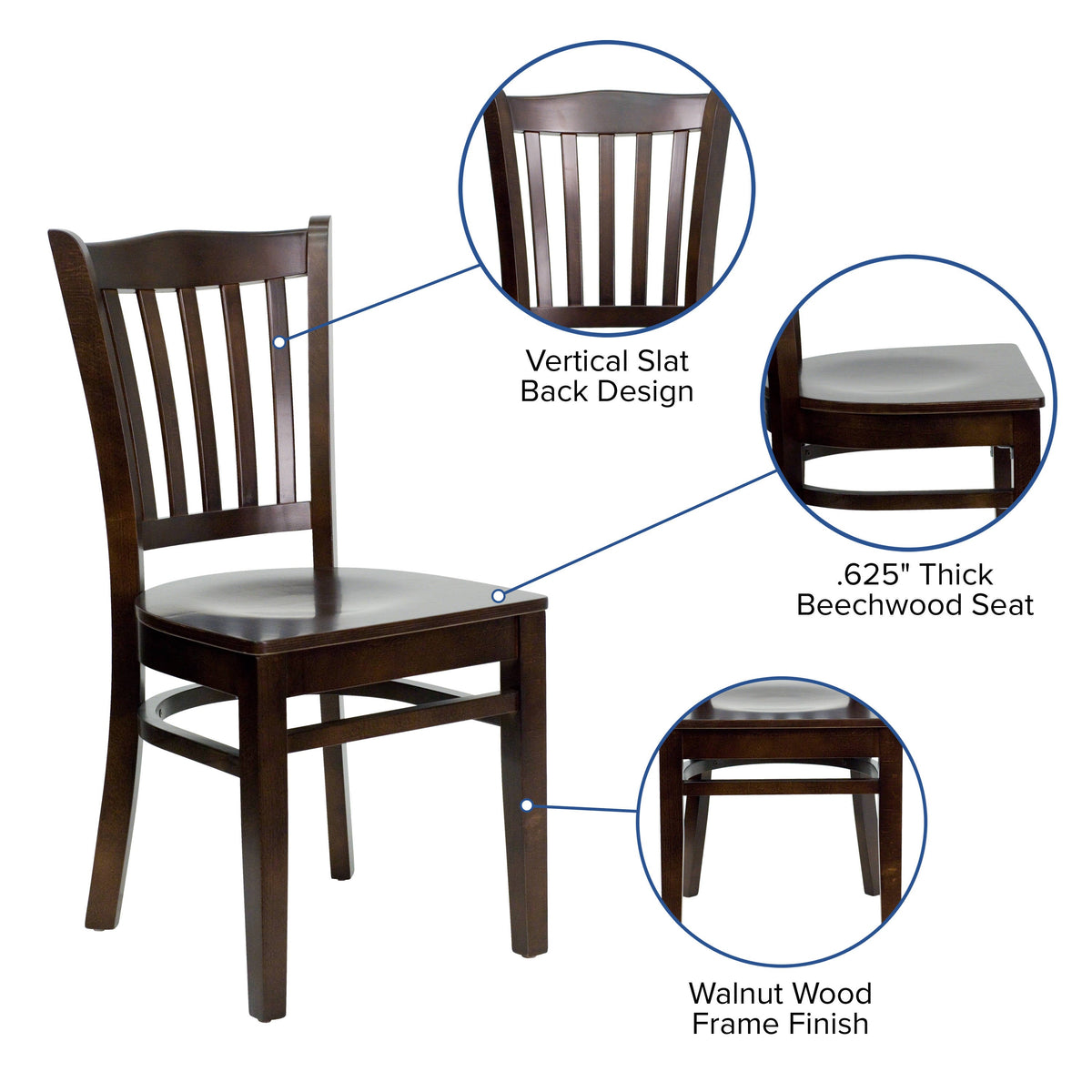Flash Furniture XU-DGW0008VRT-WAL-GG Vertical Slat Back Walnut Wood Restaurant Chair - Hospitality Seating (Walnut Wood Seat/Walnut Wood Frame) - View 3
