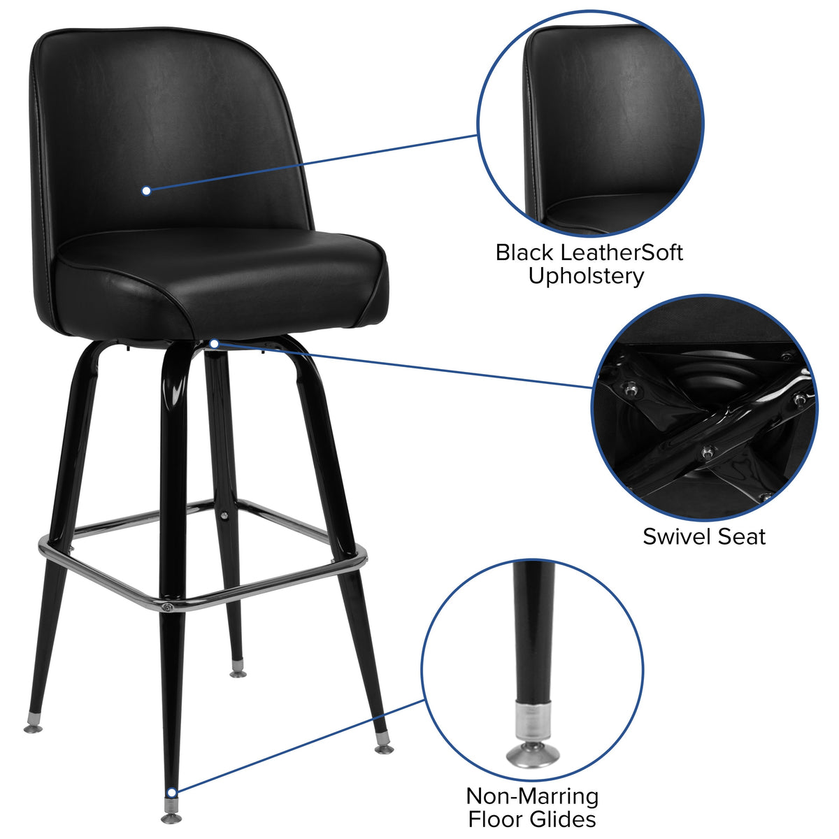 Flash Furniture XU-F-125-GG Metal Barstool with Swivel Black Vinyl Upholstered Bucket Seat and Footrest - View 3