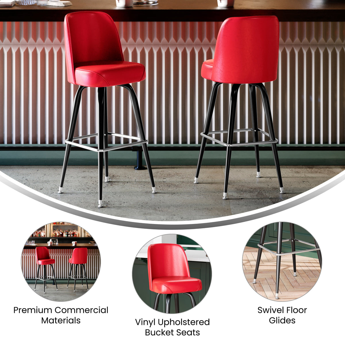 Flash Furniture XU-F-125-RED-GG Metal Bar Stool with Swivel Vinyl Bucket Seat and Footrest in Red - View 3