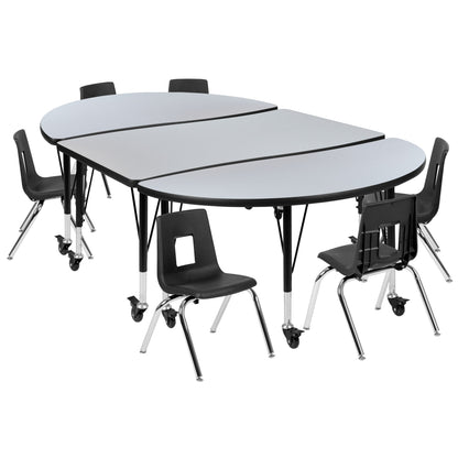 Flash Furniture XU-GRP-12CH-A3048CON-48-GY-T-P-CAS-GG Mobile 76" Oval Wave Activity Table Set-12" Student Stack Chairs, Grey/Black (Grey Top/Black Frame) - Main view